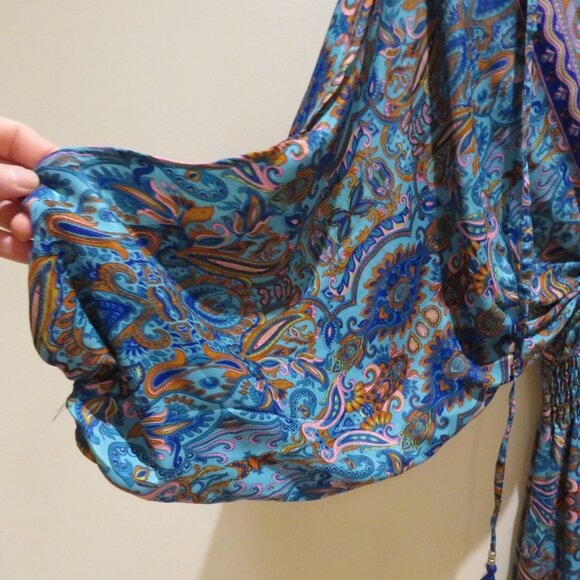 ADDICTIVE Silk Blend V Neck Smocked Paisley Boho Maxi Dress Balloon Sleeve - Picture 7 of 15